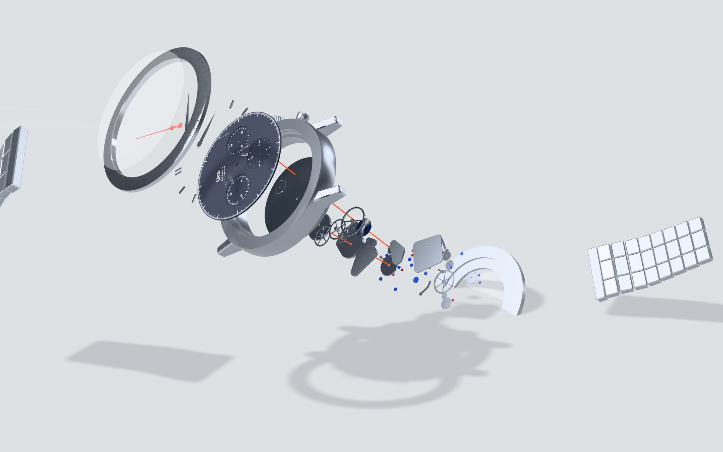 The watch taken apart in mid-air, every part in assembly order, threaded by an orange line.
