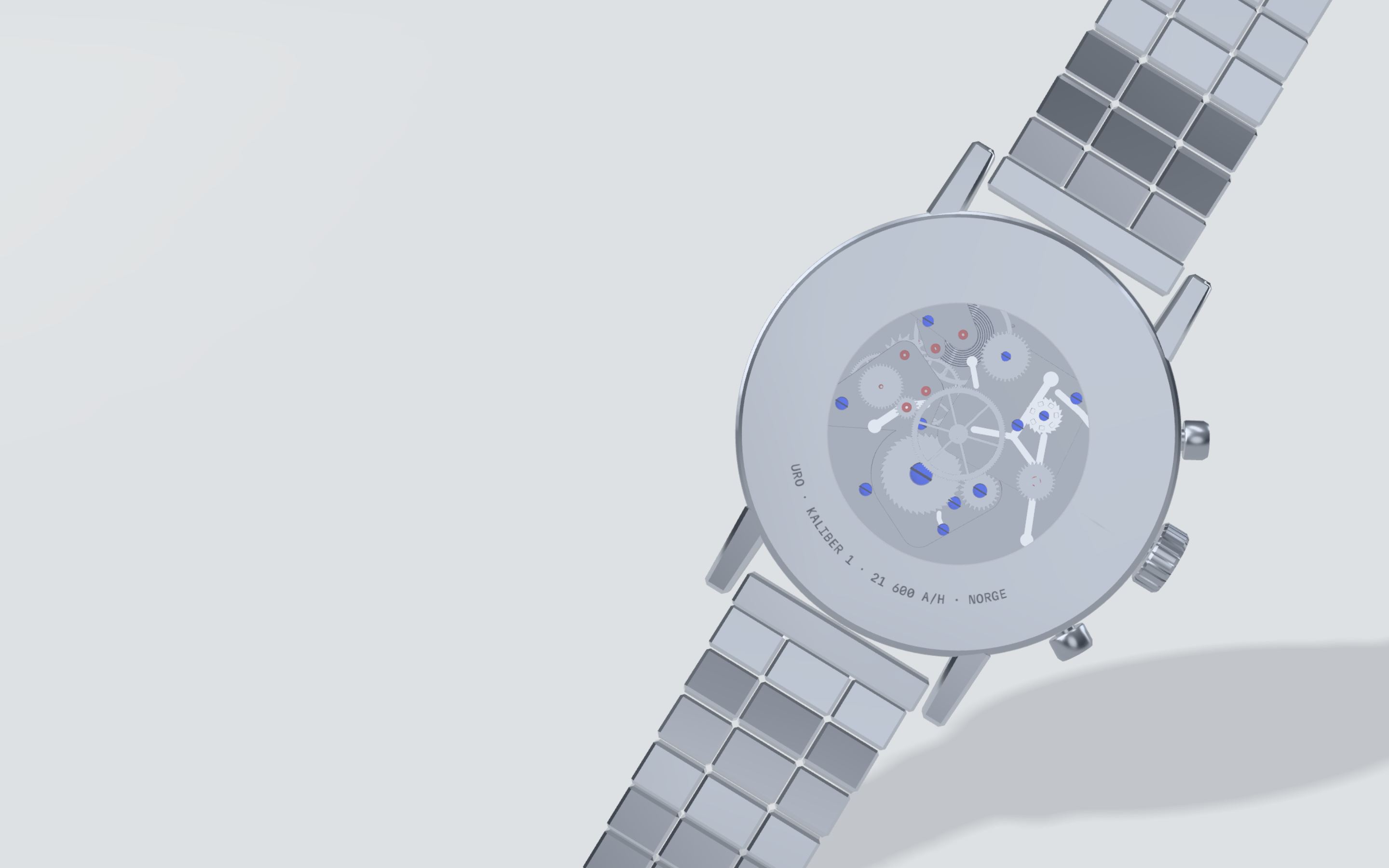 The caseback, with the hand-wound chronograph movement running behind the sapphire.