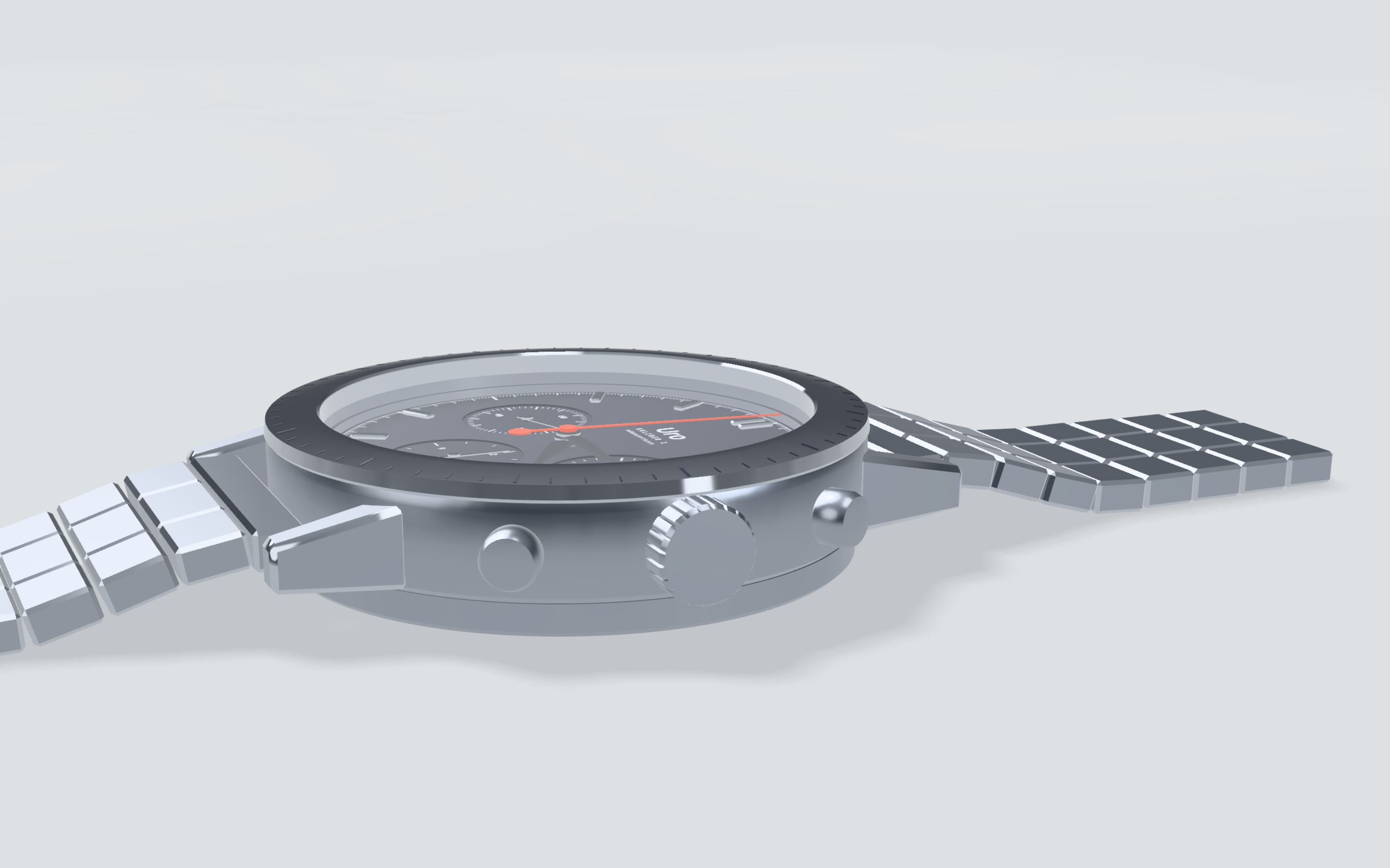 The fluted crown between the two chronograph pushers.